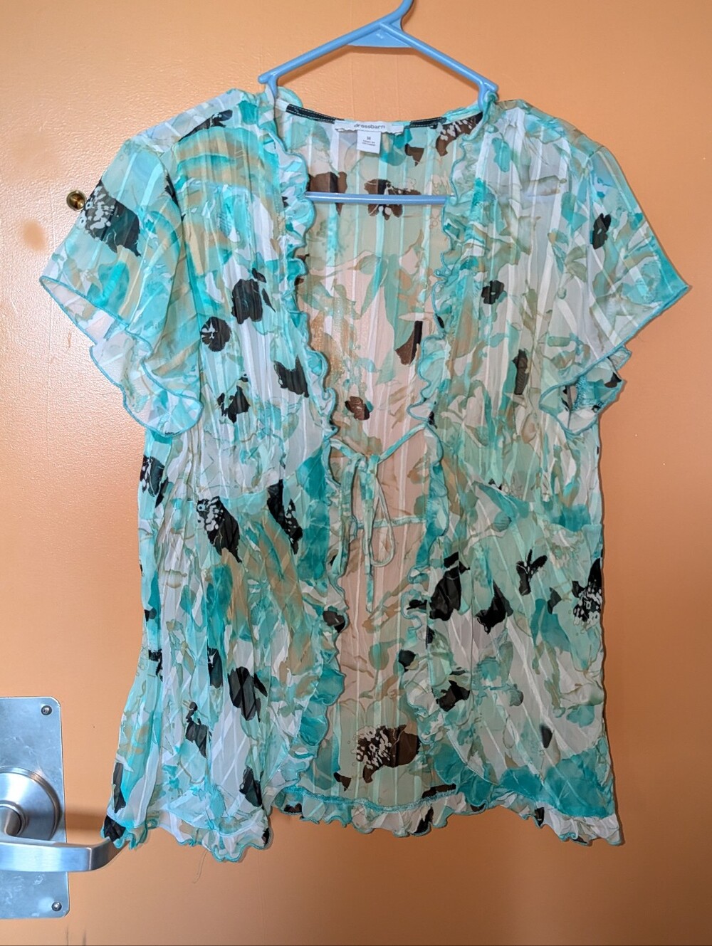 Dressbarn Abstract Sheer Ruffle Tie-Front Blouse